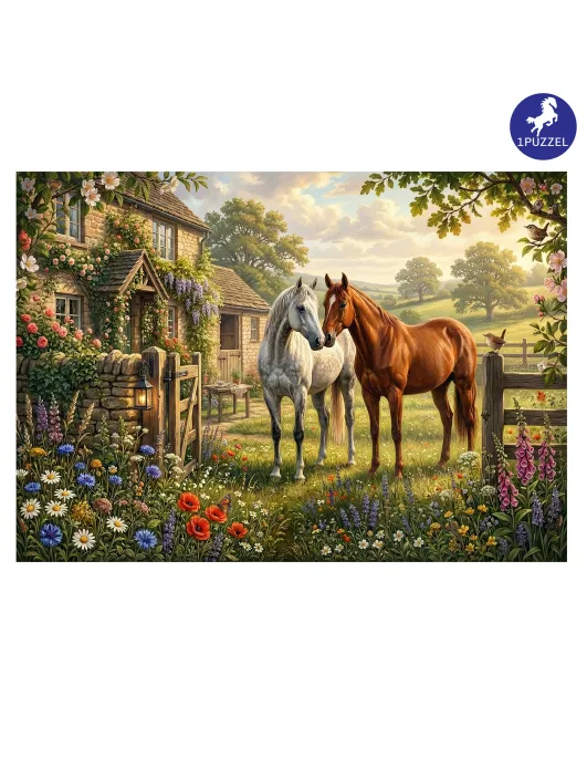 Horses in a country garden