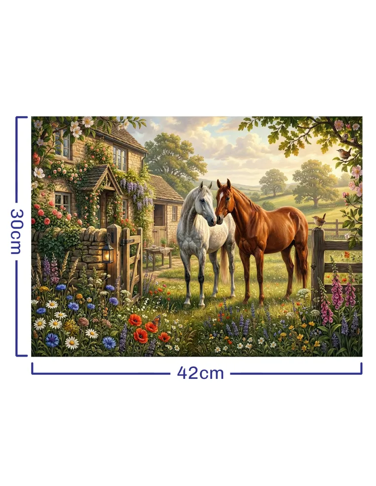 Horses in a country garden