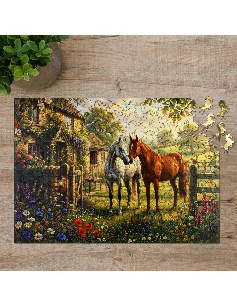 Horses in a country garden